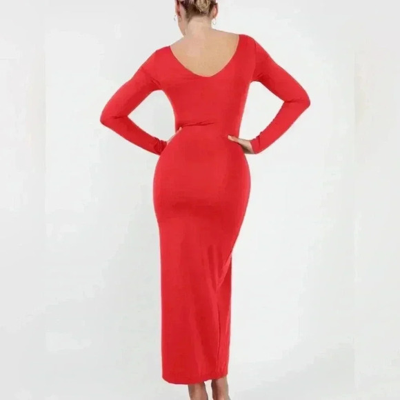 POPILUSH Shapewear Long Sleeve V-Neck Low Back Slimming Maxi Dress Holiday Red - Picture 4 of 8